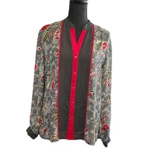 Jordan Sheer V neck button Up Blouse 100% Polyester Polka Dots Floral Size M